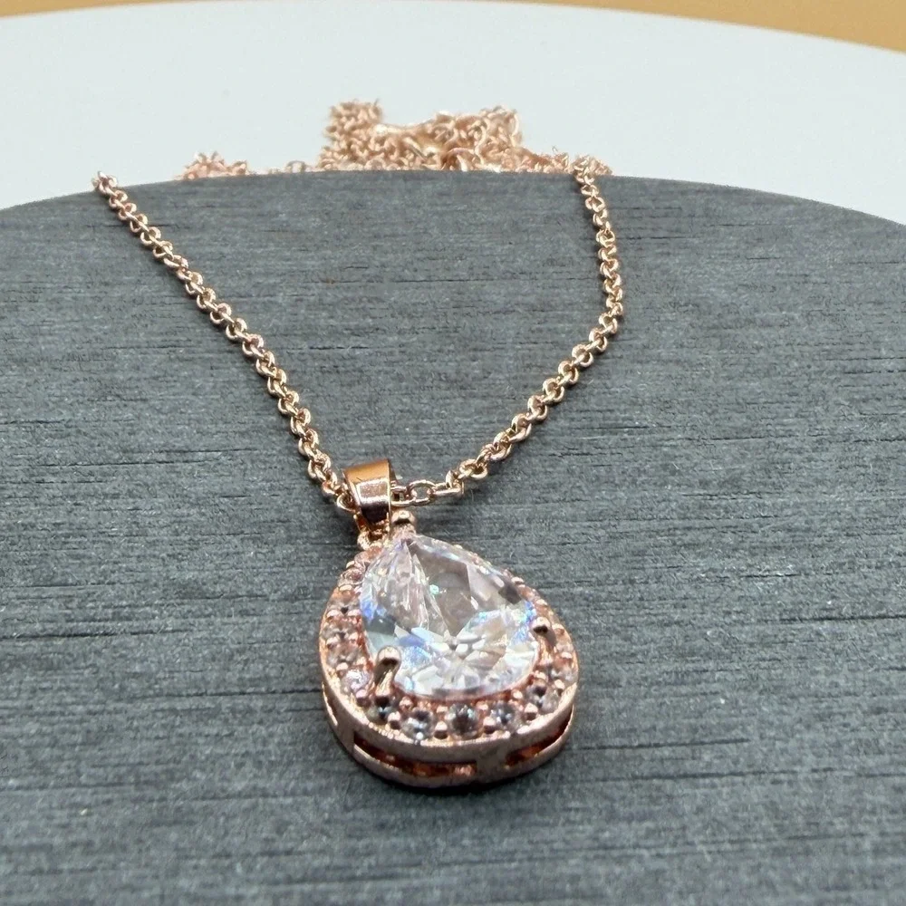 Rose Gold Tone Pear Cut CZ Halo Pendant Necklace Clear Crystal Bridal Jewelry